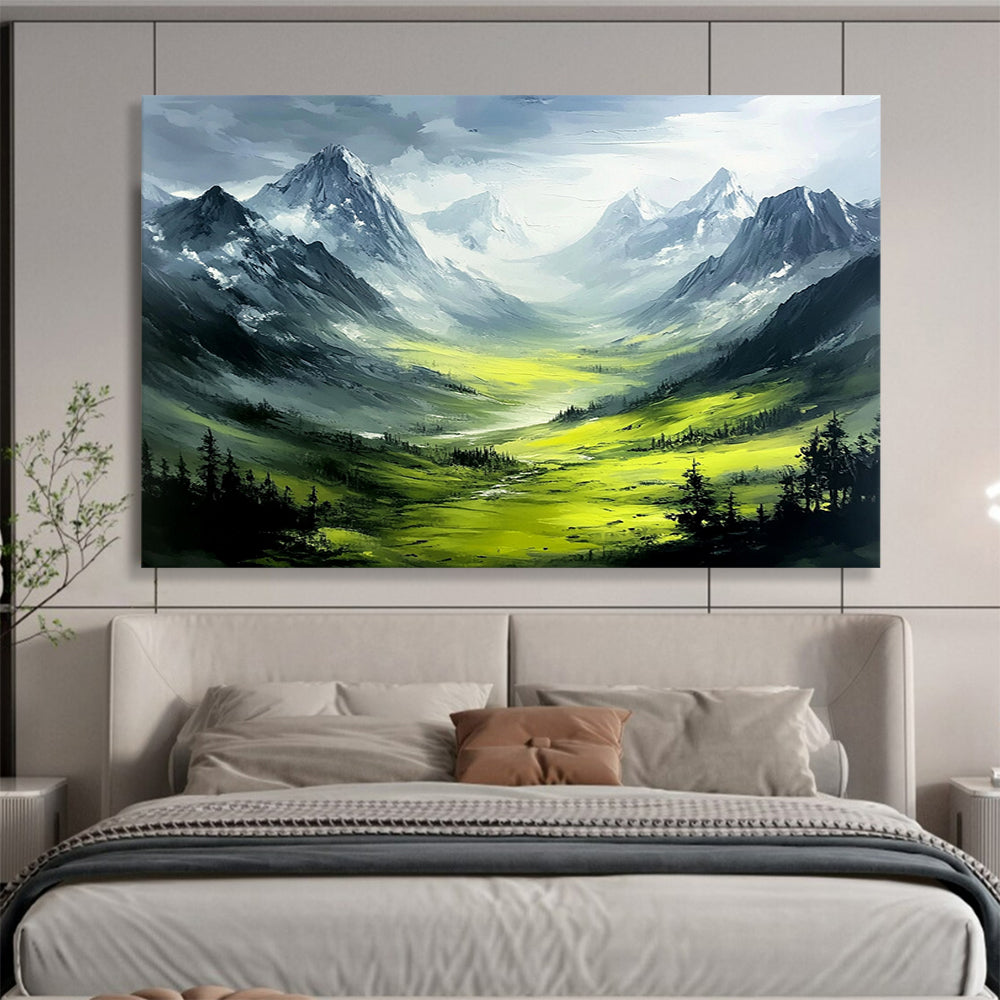 “Mountain Valley Dream” - Green, gray, mountain valley, Landscape Painting On Canvas HB0561