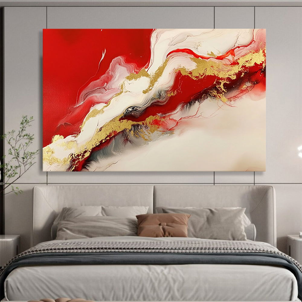 “Red White Gold Flow” - Red, White, Gold - Fluid Abstract Swirls - Resin Painting HB1299