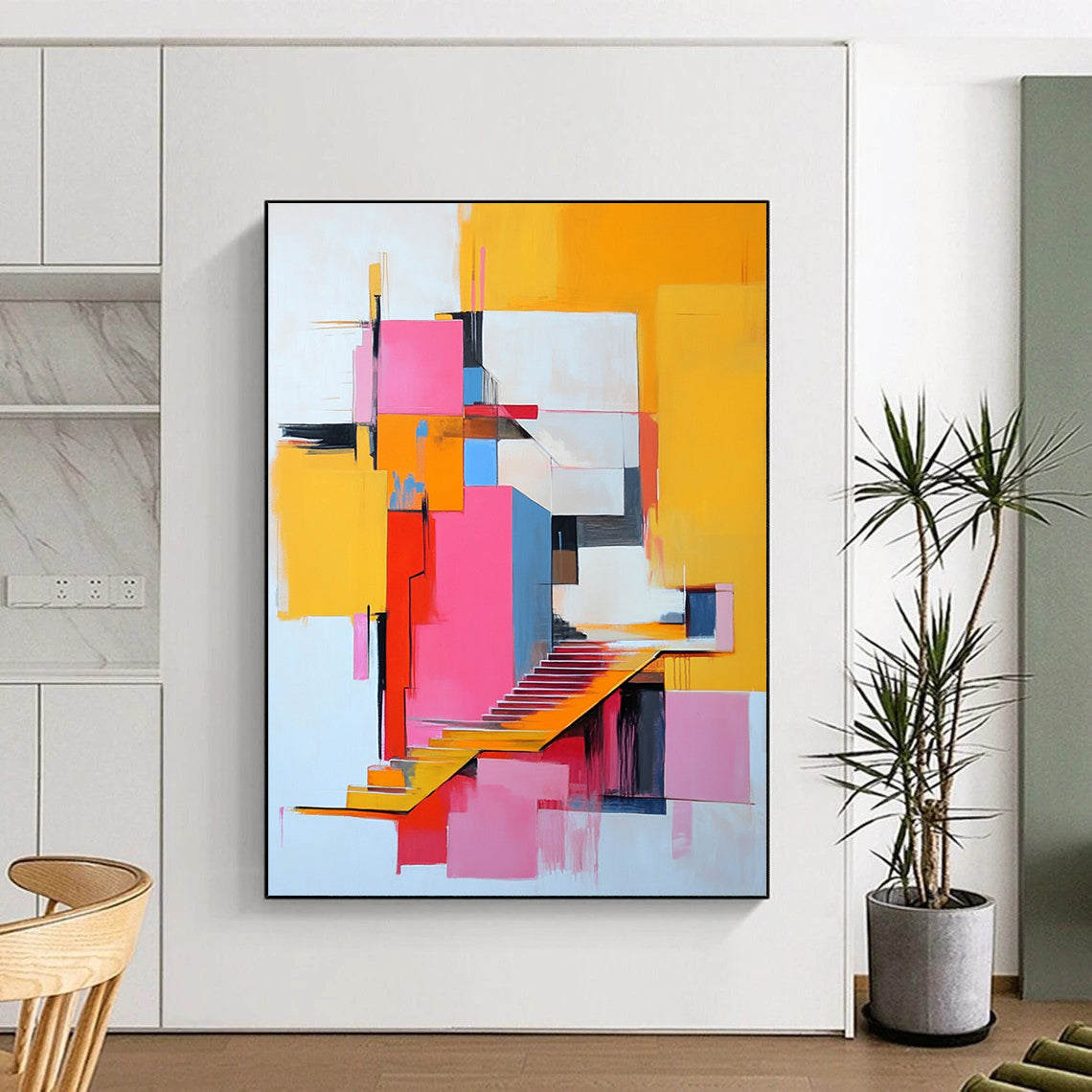 Vibrant contemporary abstract art featuring a pink and yellow building with stairs, inspired by modern artistic expressions. DLZ1377