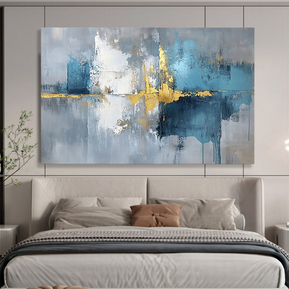 “Reflective Gold - Blue - Gray Abstract” - Gold, Blue, Gray, White, Reflective Textures Painting On Canvas HB0821