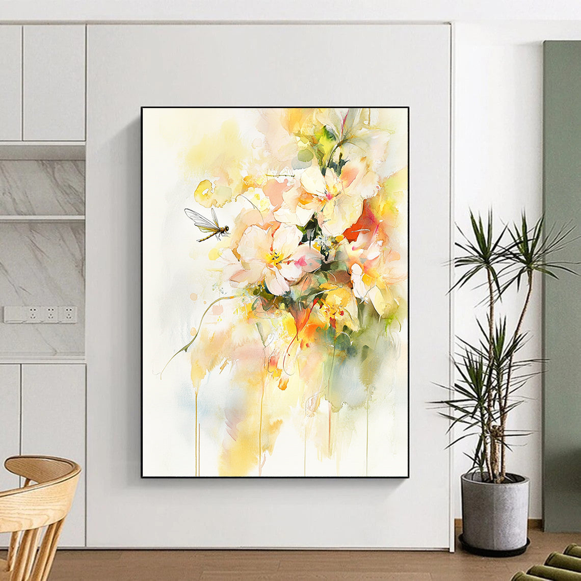 Contemporary abstract art featuring vibrant watercolor flowers and leaves with delicate gold accents a serene dragonfly and light yellow tones on a white background. DLZ1082