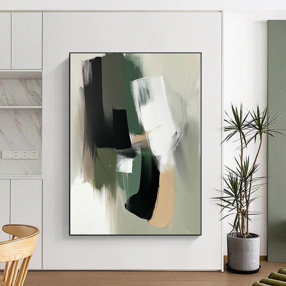 Contemporary abstract painting featuring minimalist shapes in sage green and white with black accents and bold brushstrokes for a modern aesthetic. DLZ0435