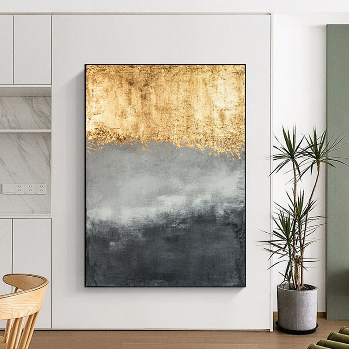Gold, Gray & White Textured Layers - “Gilded Dawn Mist” Painting On Canvas HB193