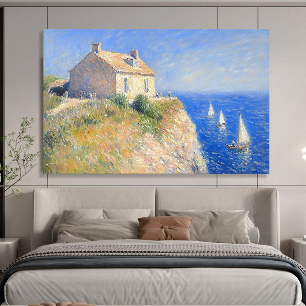 “Claude Monet - Style Seaside” - Blue, beige, seaside house, Impressionist Painting On Canvas HB0563