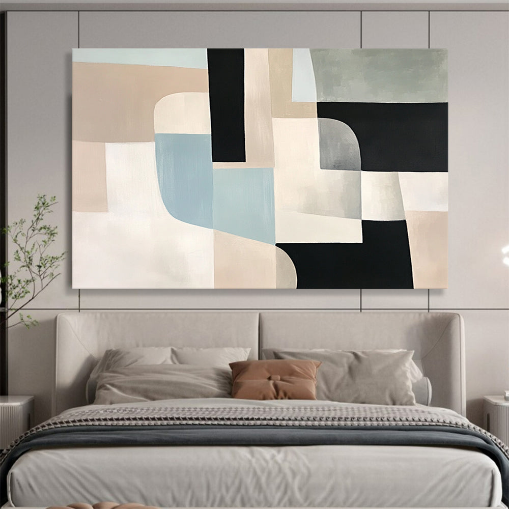 “Neutral Geometric Abstract” - Beige, Black, Blue, Gray, Geometric Forms - Painting On Canvas HB1425