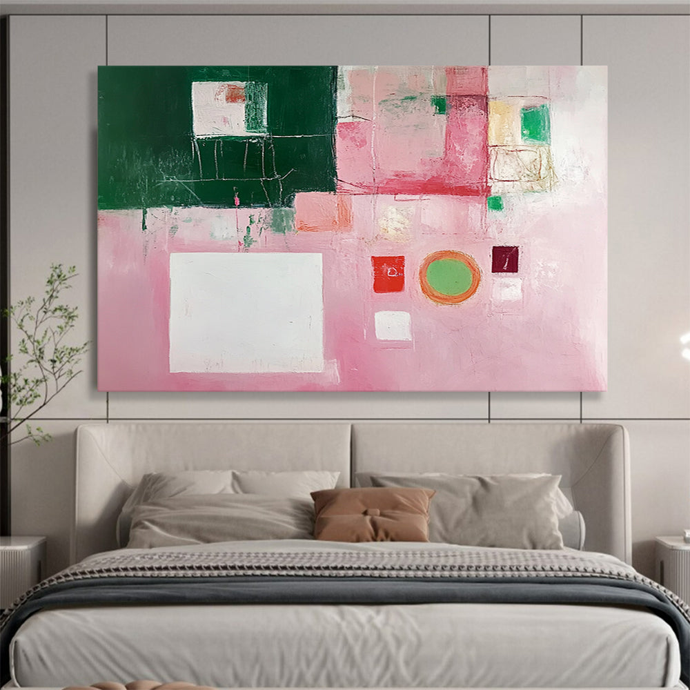 “Pink and Green Collage” - Pink, Green, White, Mixed Geometric Elements - Modernist Acrylic Painting HB1538