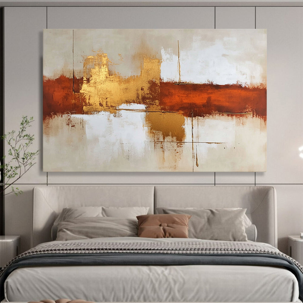 “Brown Gold White Abstract Horizons” - Brown, gold, white, beige; Abstract horizons with gold reflections HB1291