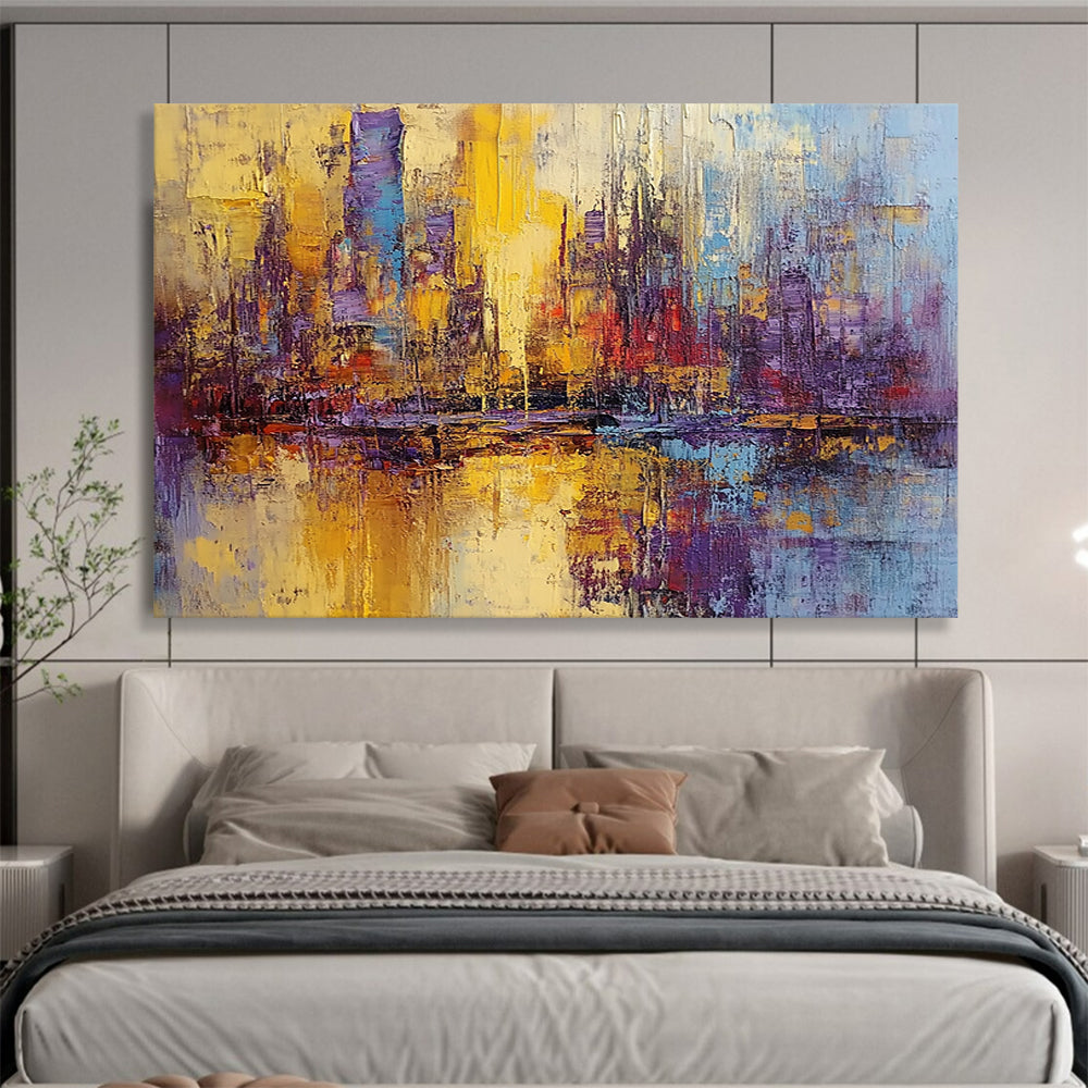 “Colorful City Reflection” - Yellow, Purple, Blue, Abstract Cityscape Reflection Painting On Canvas HB0986