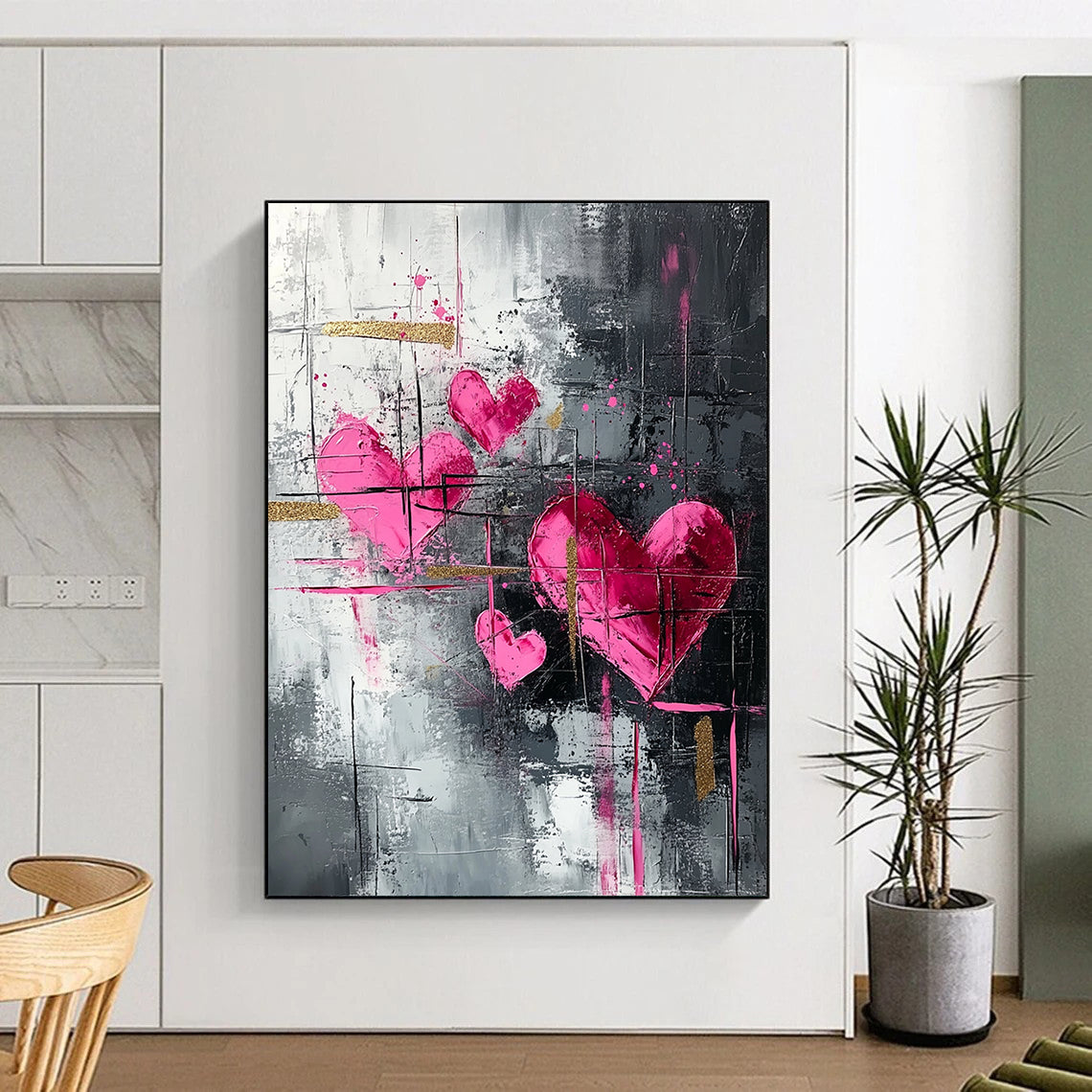 Pink Hearts, Gray Background & Gold Accents - “Elegant Romantic Fusion” Painting On Canvas HB213