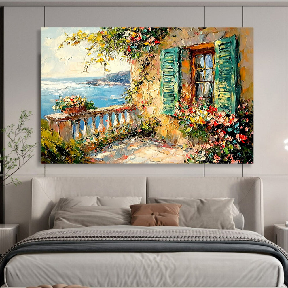 “Mediterranean Balcony” - Blue, Green, Colorful Flowers, Coastal Balcony - Impasto Oil Painting HB1681