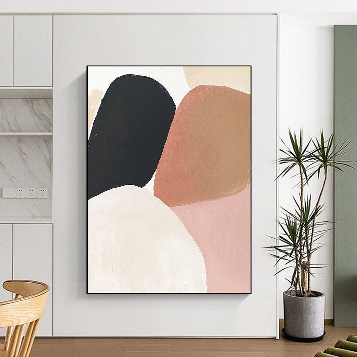 Contemporary hand-painted abstract artwork featuring earthy tones of soft pink, beige, brown, and black on a clean white background. DLZ0800