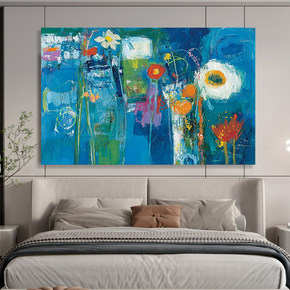 “Blue Floral Fantasy” - Deep blues, greens, oranges, whites; Abstract flowers in a vibrant blue dream; Expressionistic Acrylic Painting On Canvas HB1182