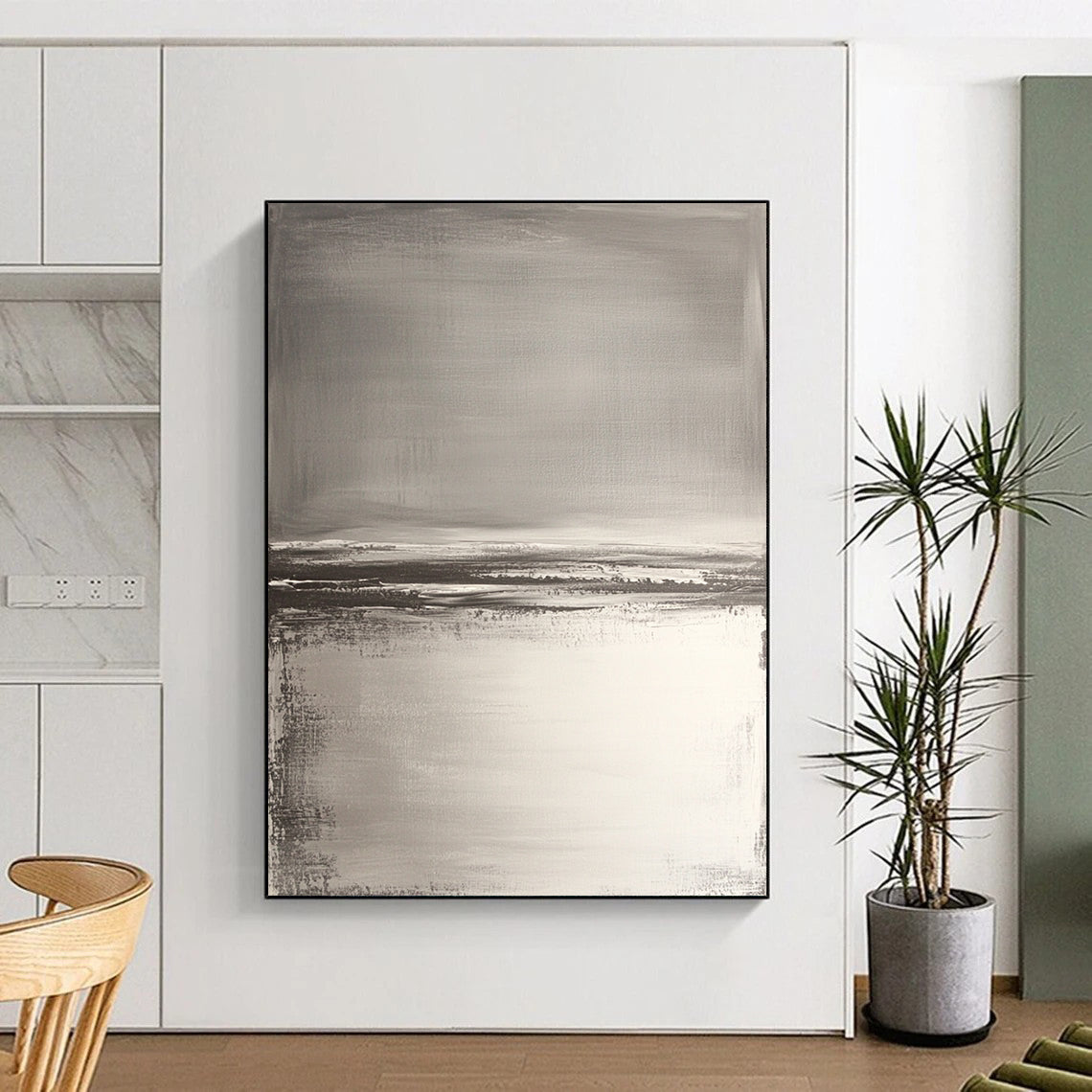Contemporary hand-painted abstract artwork features neutral tones with gray and white, textured water reflections, and soft brush strokes for a serene beach landscape. DLZ0390