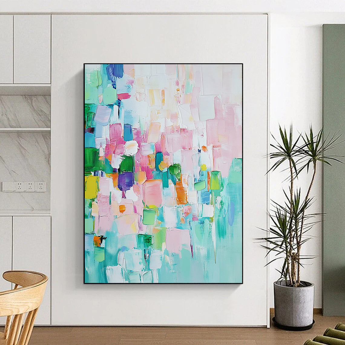 Contemporary hand-painted abstract art featuring pastel colors and textured oil paint showcasing harmonious shapes and contrasting geometric blocks for depth and interest. DLZ0762