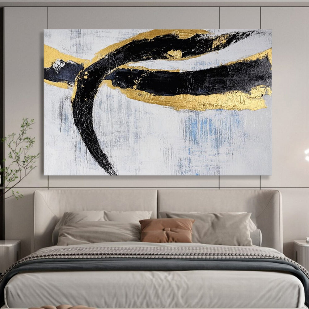 Black, Gold, Blue and White Abstract Swirls "Opulent Motion" Painting On Canvas HB0414