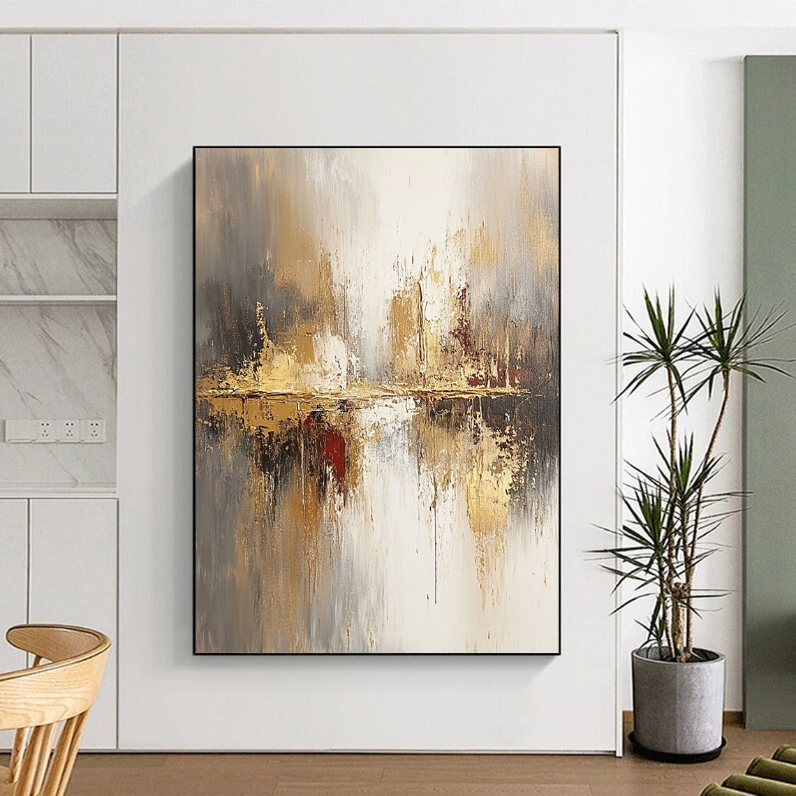 Large contemporary abstract painting featuring soft beige and gray tones enhanced with gold accents and a blurred background for a modern aesthetic. DLZ0759