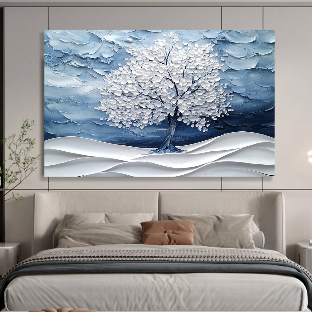 Blue and White Textured Tree "Winter Whisper" Painting On Canvas HB0423