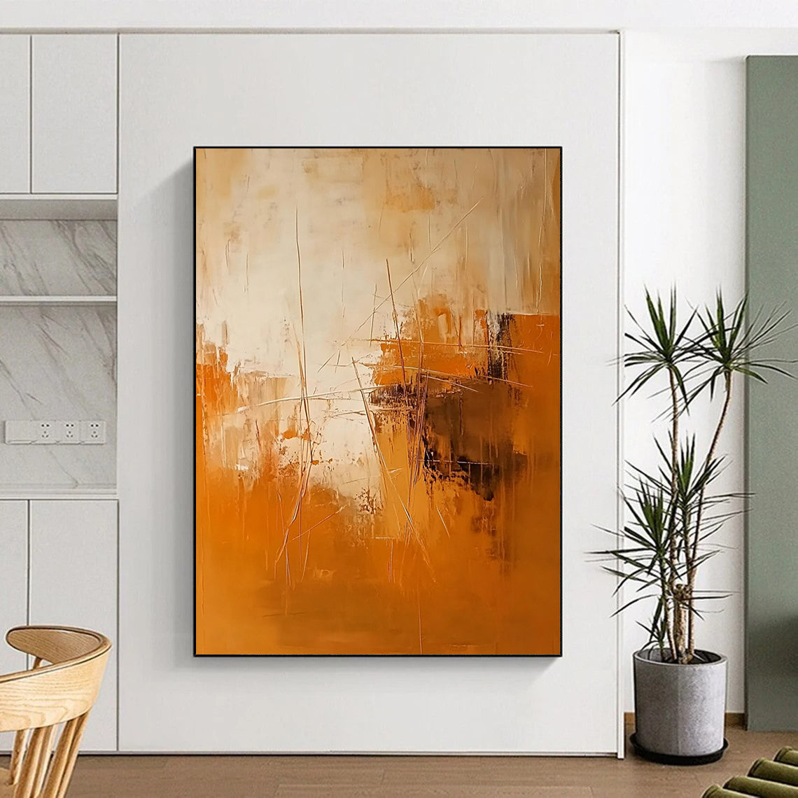 Contemporary hand-painted abstract artwork featuring warm orange and brown tones with textured brushstrokes and dynamic shapes adding depth in beige and white. DLZ1069