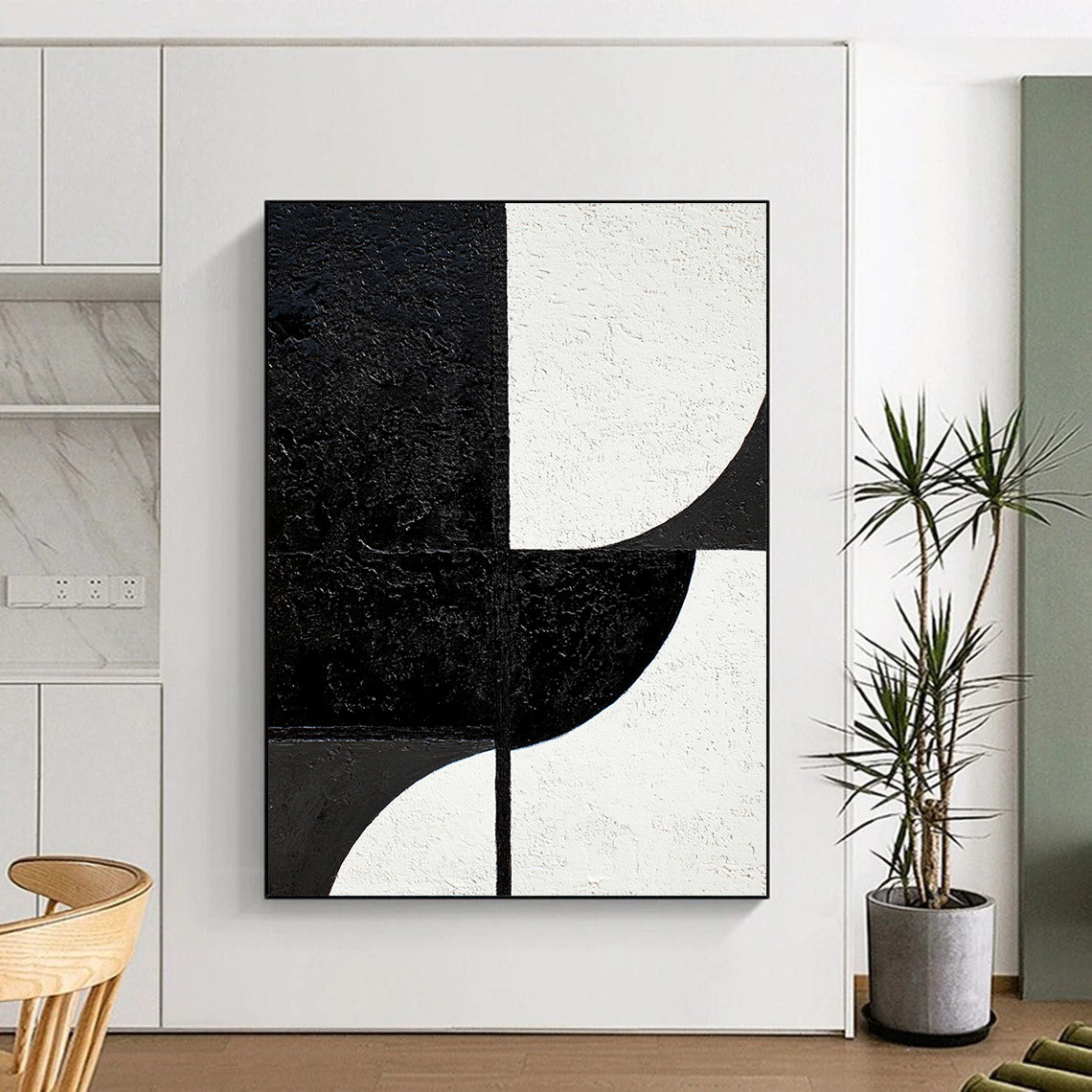 Black & White Geometric Shapes - “Minimalist Form Fusion” Painting On Canvas HB228