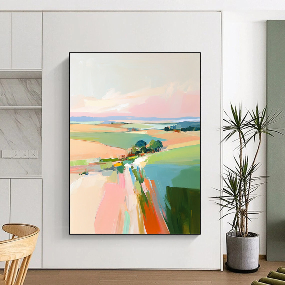 Contemporary hand-painted abstract art featuring soft pink skies and vibrant green and blue fields inspired by Robert H and Fairfield Porter. DLZ0408