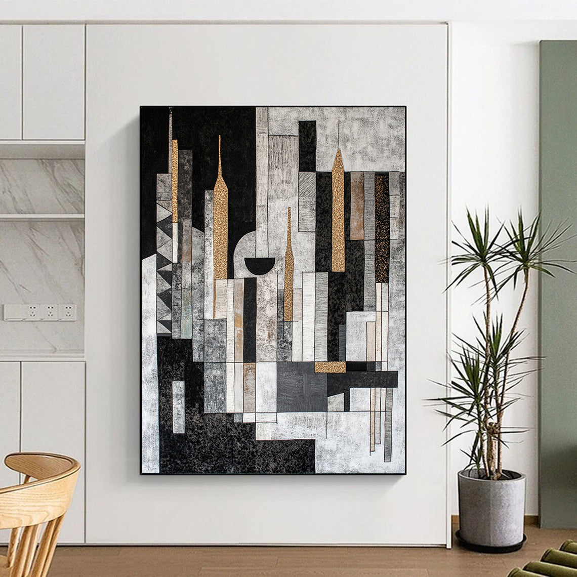 Black, Gray, Beige and Gold Abstract Cityscape "Urban Mosaic" Painting On Canvas HB317
