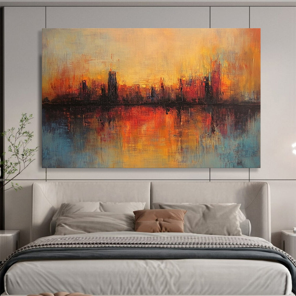 “Sunset City Reflection” - Orange, Red, Blue, Abstract City Sunset Reflection HB1135