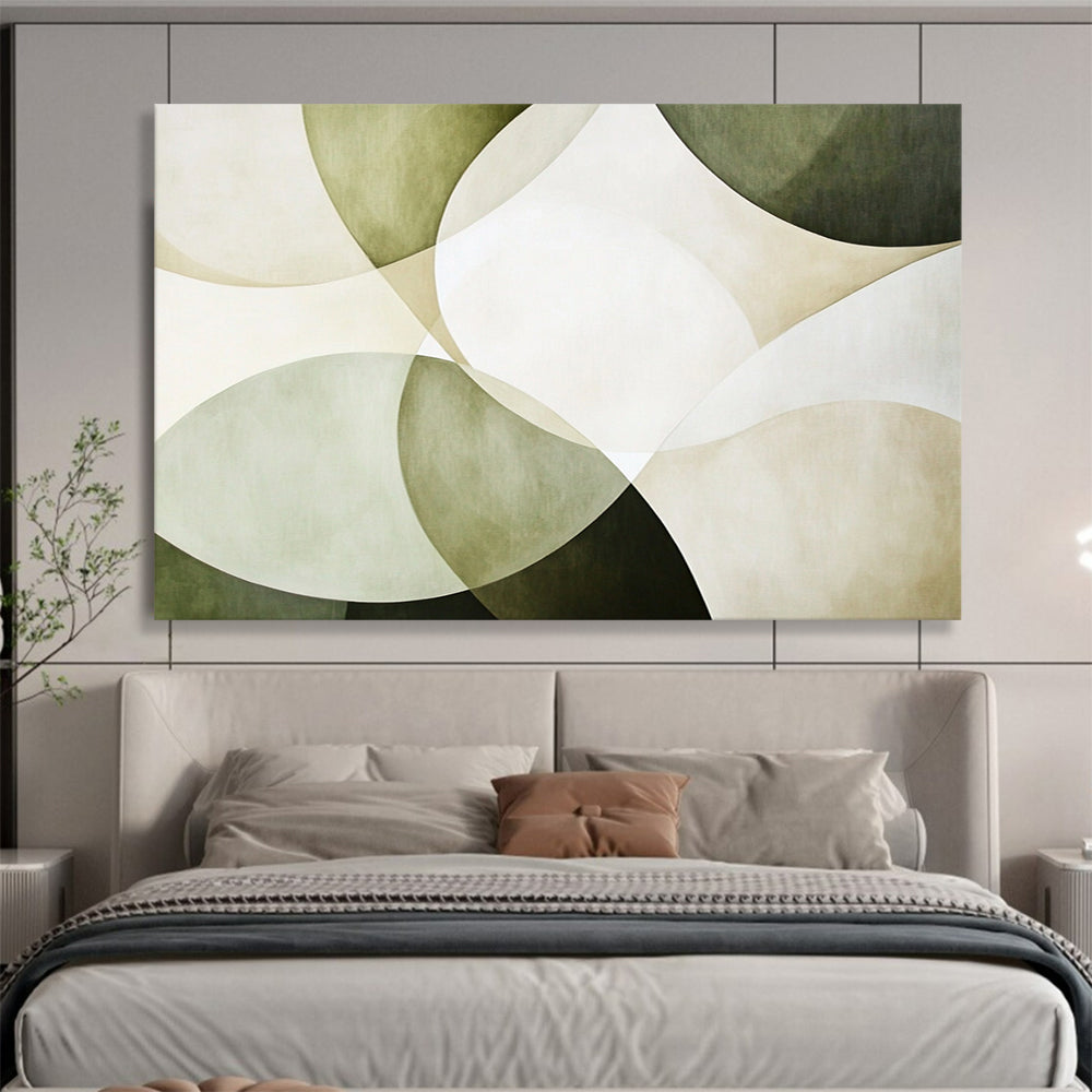 “Green - Beige Overlapping Circles” - Green, Beige, White with Circular Layers - Abstract Acrylic HB1361