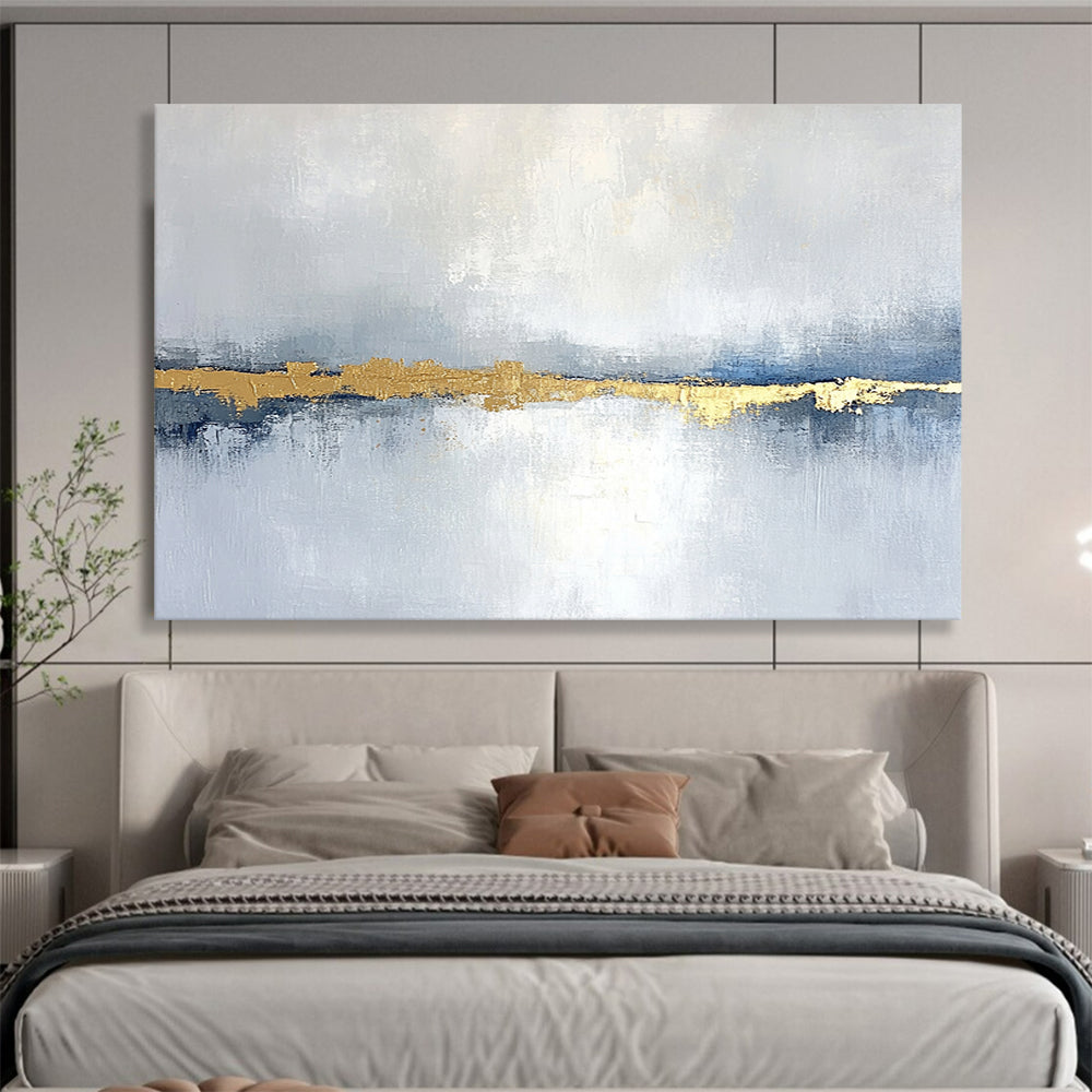 “Blue - Gray Goldline” - Blue, Gray, Gold, Abstract Minimalist Landscape Painting On Canvas HB1088