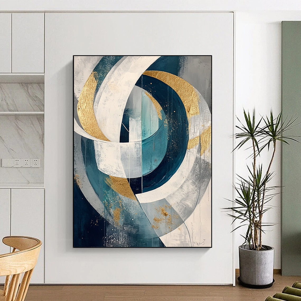 Teal, White, Gray and Gold Intertwined Circles "Celestial Loops" Painting On Canvas HB320