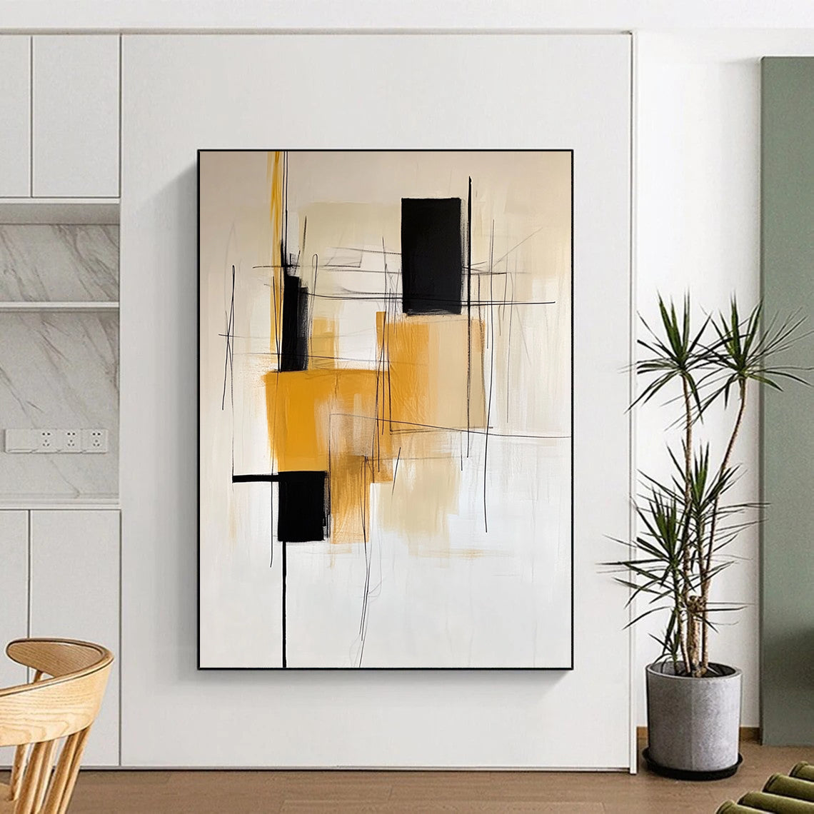 Contemporary abstract painting featuring a white background with minimalistic black yellow orange and beige lines and a single square shape on the left. DLZ1023