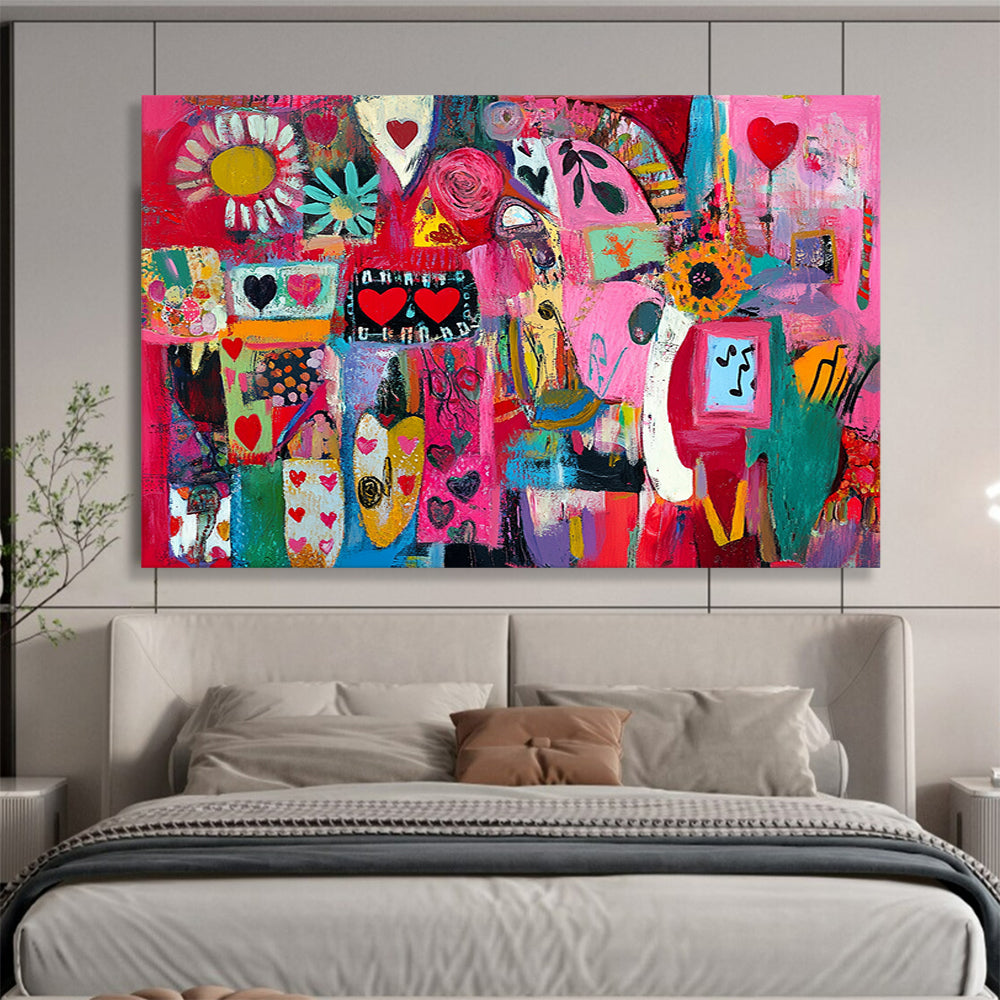 “Pink Collage Abstract” - Pink, Red, Colorful Shapes, Hearts, Flowers, Mixed Patterns - Painting On Canvas HB1444