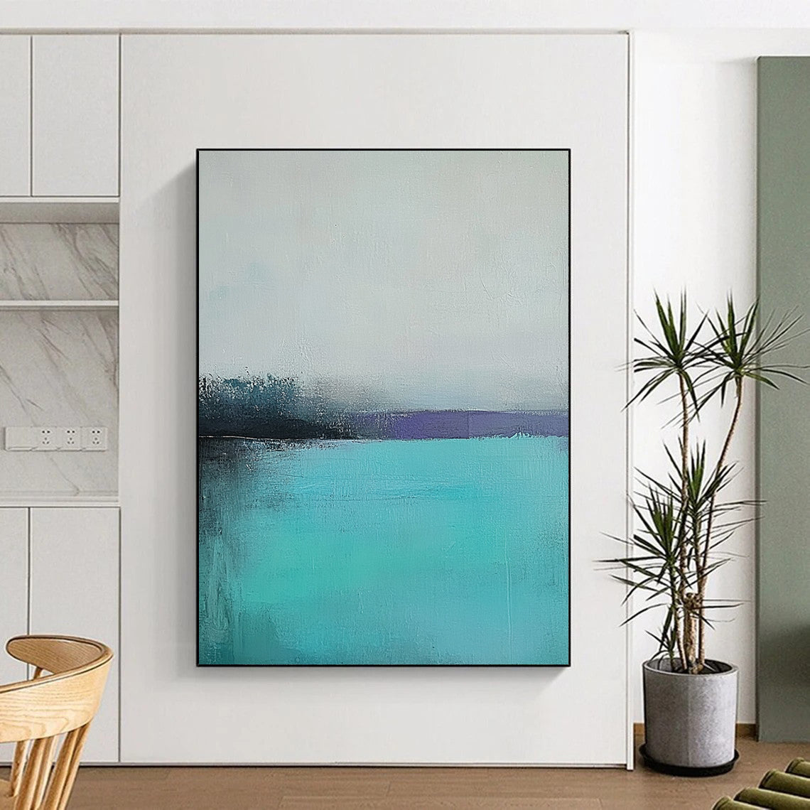 Large contemporary hand-painted abstract artwork captures a tranquil turquoise sea with a misty gray sky using muted colors and soft brush strokes for emotional depth. DLZ0428