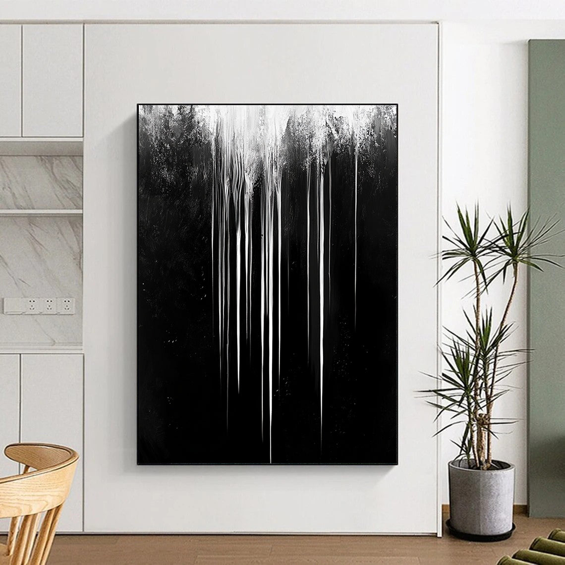 Gray - White Dripping Streaks "Mystic Stream" Painting On Canvas HB308