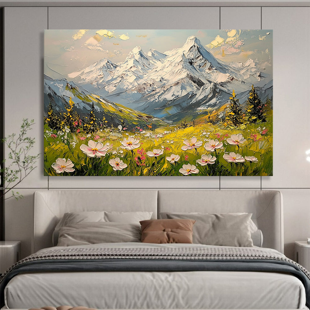 “Snowy Peaks & Flower Fields” - Whites, Greens, Yellows, Snow - capped Mountains & Wildflowers - Impasto Oil Painting HB1596
