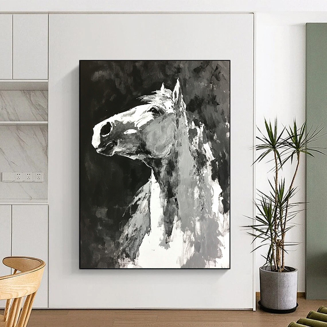 Contemporary abstract painting featuring a horse with monochromatic loose brushwork on a black background creating an expressive minimalistic atmosphere. DLZ0602