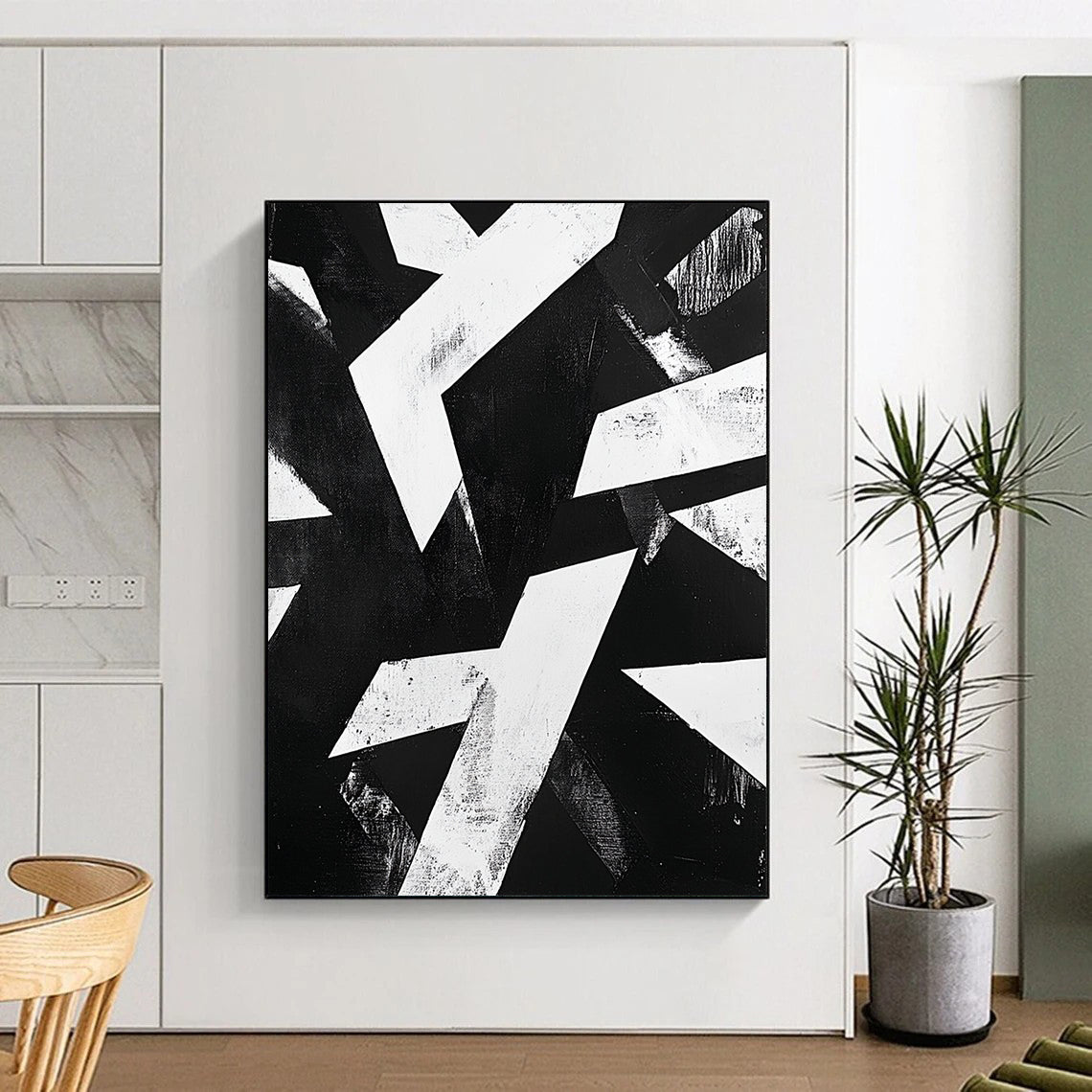 Black and White Geometric Abstraction "Dynamic Contrast" Painting On Canvas HB393