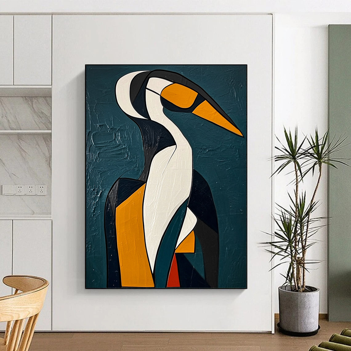 Contemporary abstract painting featuring a Cubist-inspired penguin with geometric woman amidst dark blue-green background and thick brushstrokes. DLZ1433