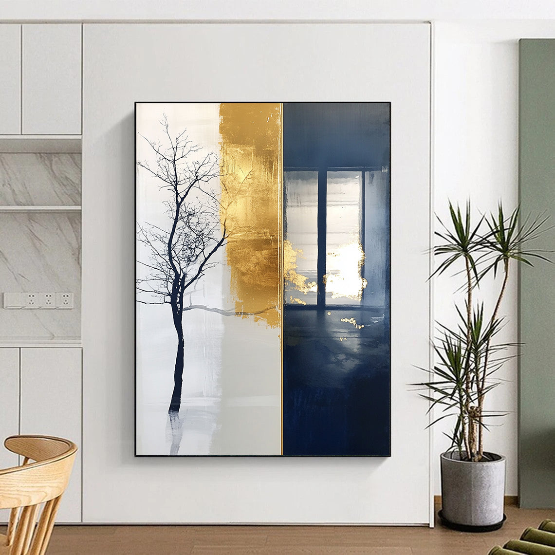 Contemporary large hand-painted abstract artwork features a striking blend of tree motifs and branches against a rich dark blue background. DLZ1509