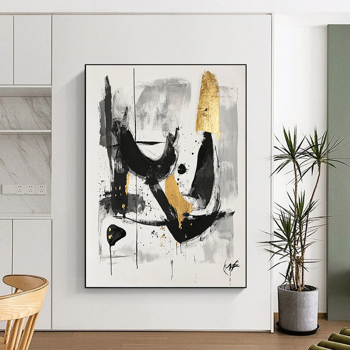 Black, Gray and Gold Abstract Swirls "Mysterious Whirl" Painting On Canvas HB326