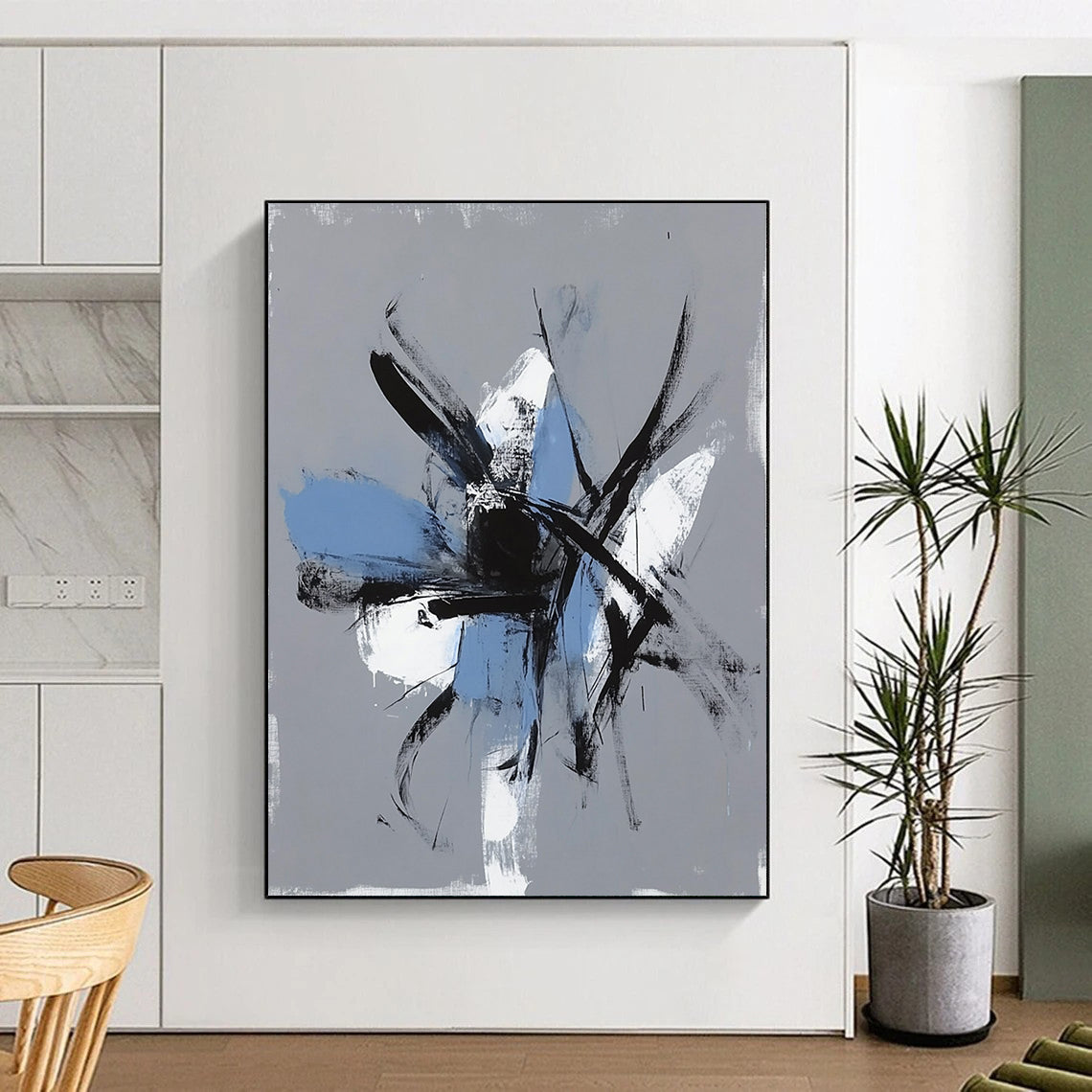 Contemporary hand-painted abstract art featuring expressive brush strokes and chaotic figures on a gray background with light blue accents. DLZ0305
