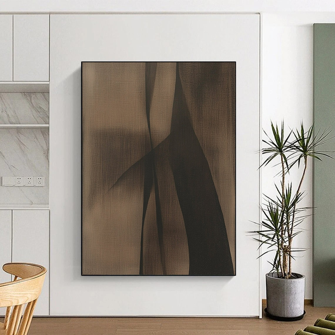 Large contemporary hand-painted abstract artwork with brown and black tones featuring minimalist shapes that evoke a powerful sense of mystery against a dark grey background. DLZ1186