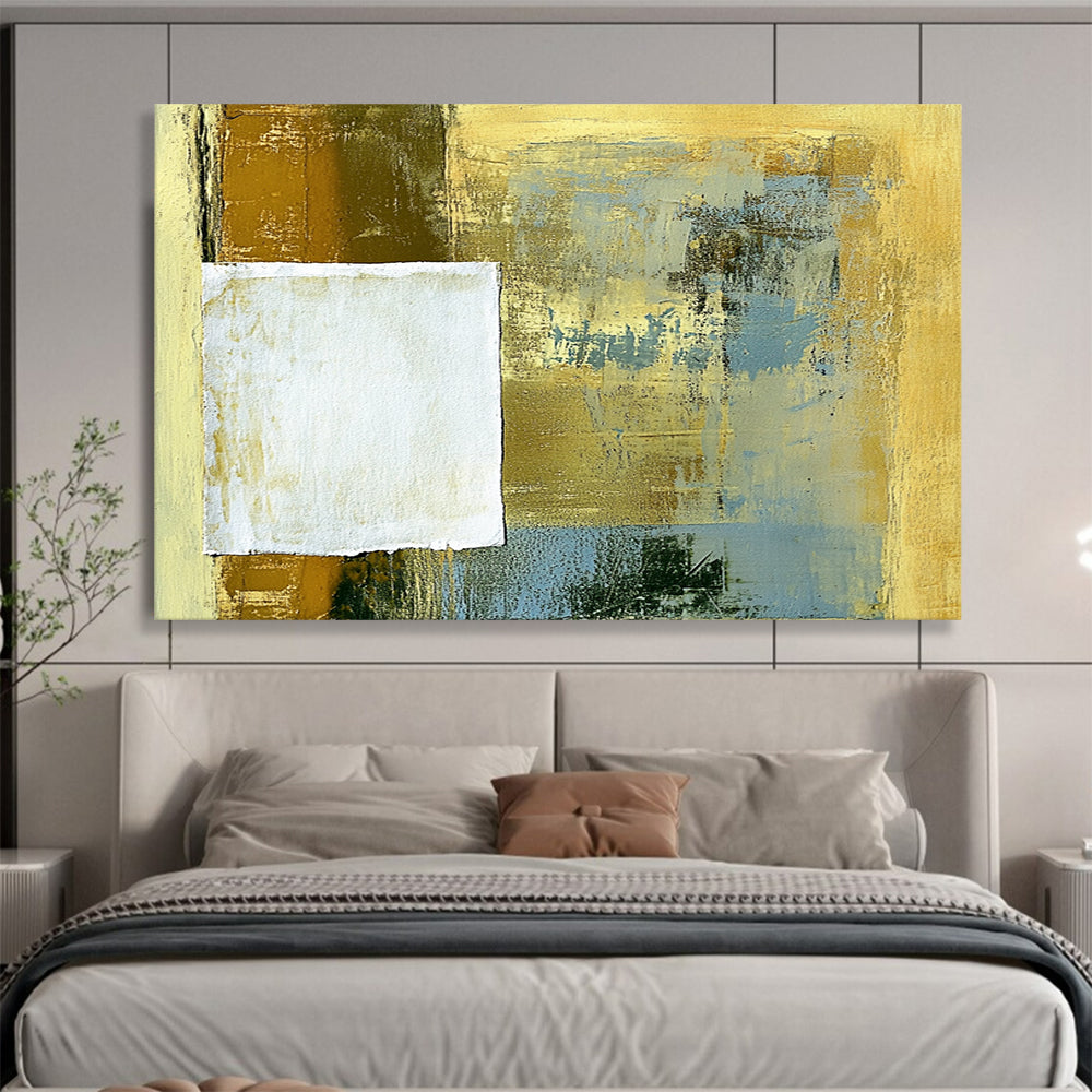 “Textured Gold - Blue Square” - Layered gold and blue with a raw - edged white square, Mixed - Media Abstract Painting On Canvas HB0541