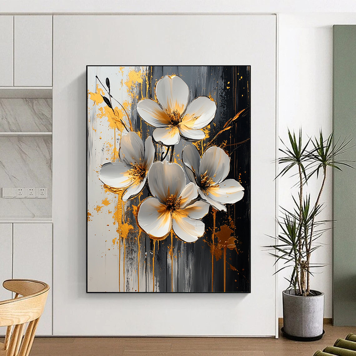 Contemporary abstract art featuring white flowers with gold and silver accents on a textured background of black and grey with elegant paint drips. DLZ0825