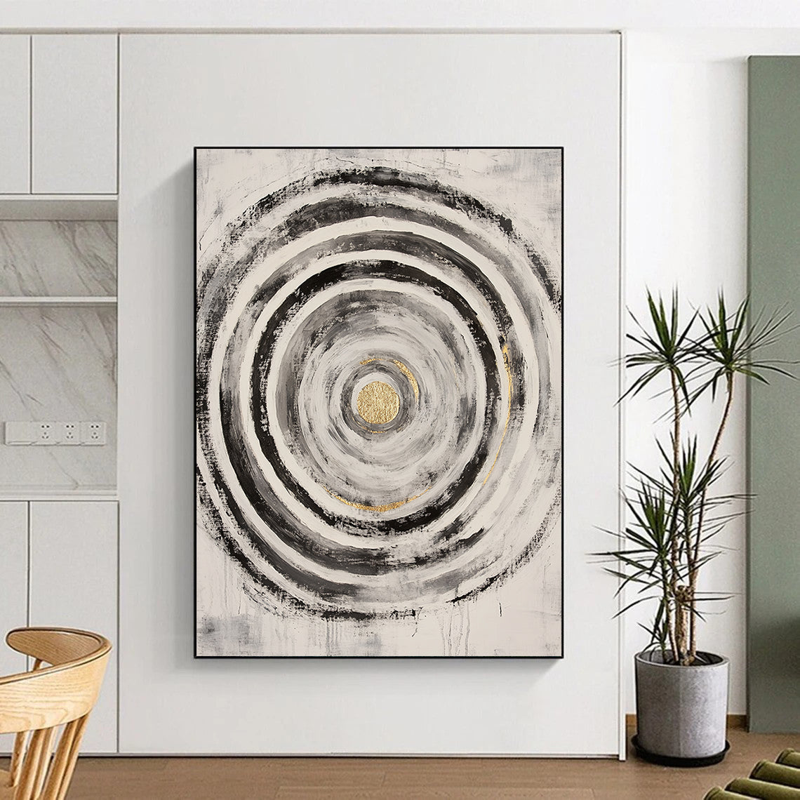 Black, White, Gray and Gold Concentric Circles "Energetic Vortex" Painting On Canvas HB381