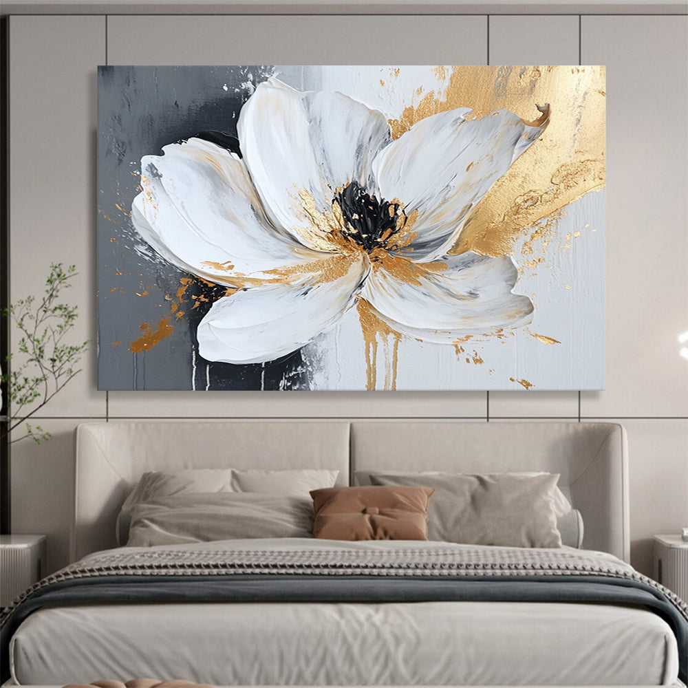“Gilded White Flower” - White Petals, Gold Accents, Black Center, Textured Floral Painting On Canvas HB1103