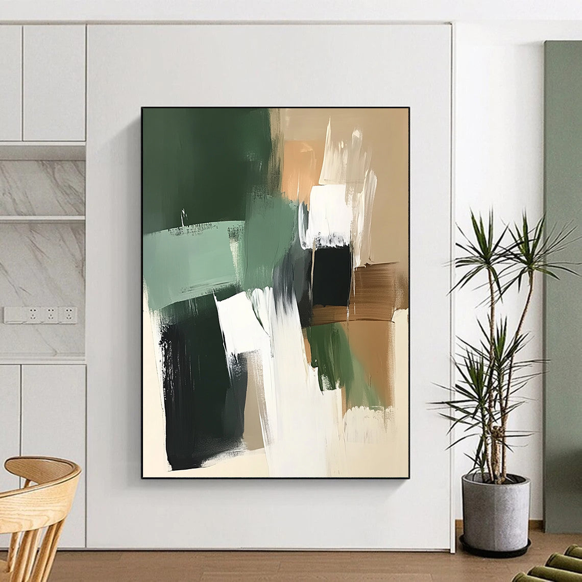 Contemporary hand-painted abstract artwork featuring green white and brown tones with thick brush strokes on a dark beige background with sage green shapes. DLZ1035