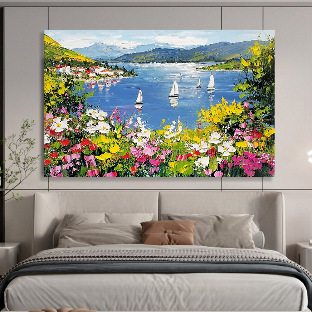 “Vibrant Lakeside Village” - Blue, Green, Yellow, Floral Landscape Painting On Canvas HB0686
