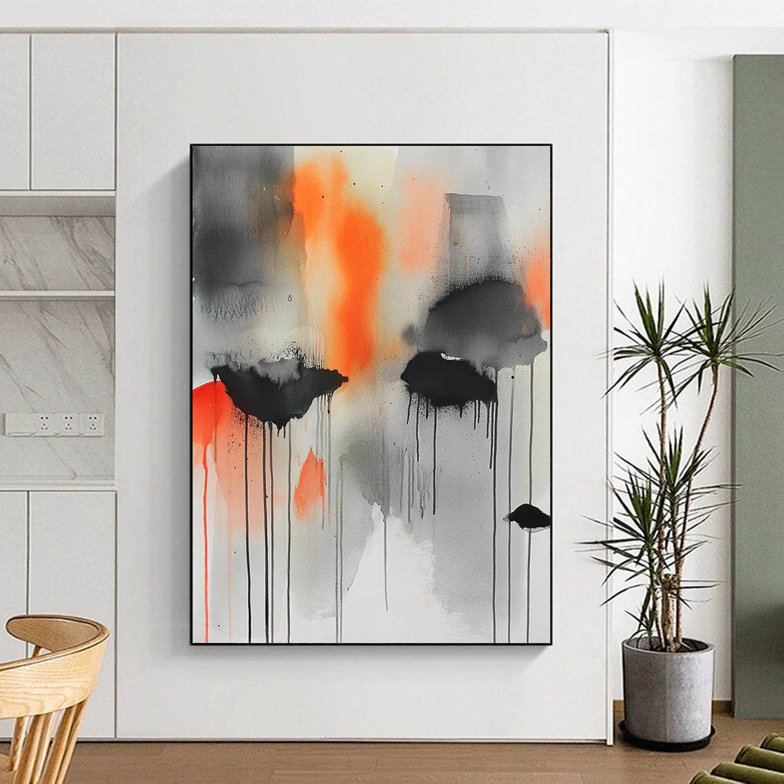 Contemporary hand-painted abstract art featuring gray, orange, and black hues with captivating watercolor drips and splatters for a dynamic visual experience. DLZ1034