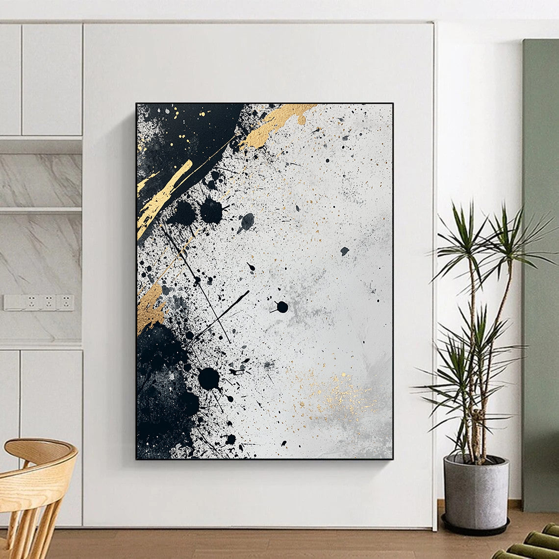 Gray, Black, Gold, Splattered Patterns "Industrial Luxe" Abstract Painting On Canvas HB037