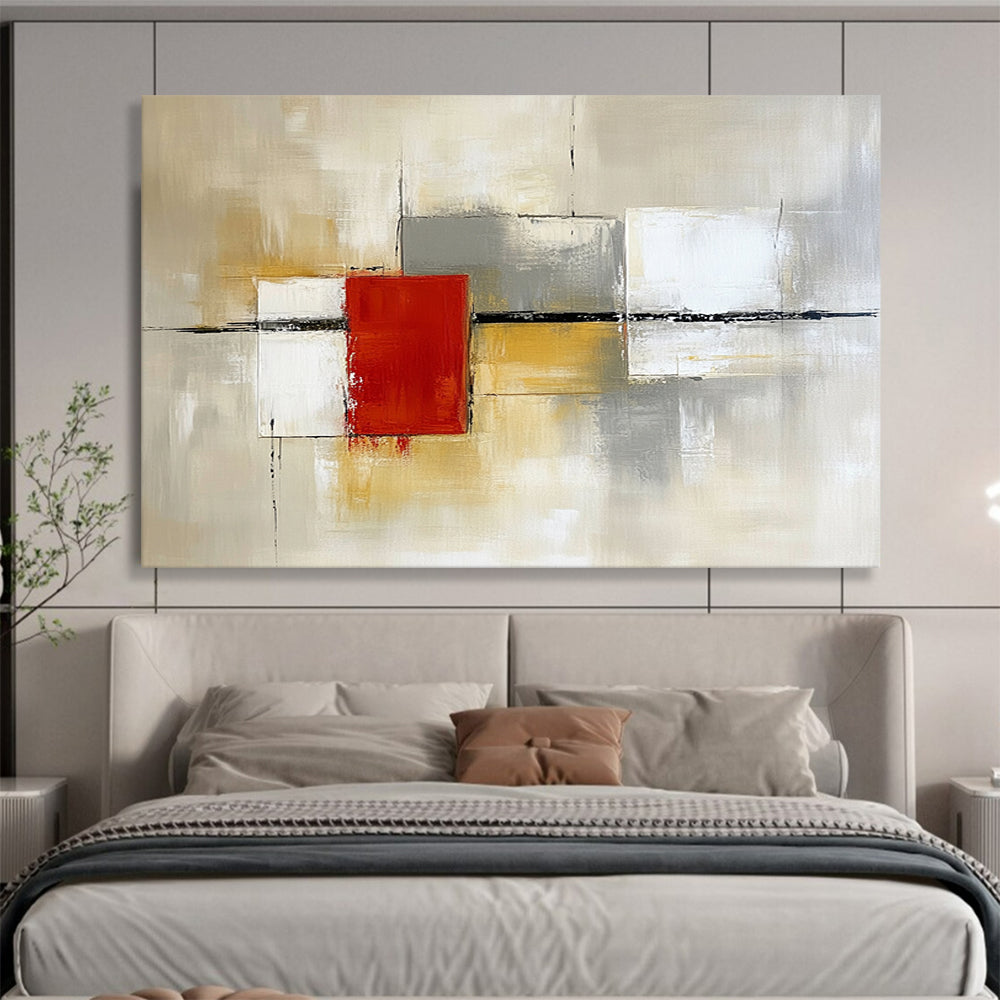 “Geometric Abstract in Neutral Tones” - Beige, gray, white, red; Geometric abstract with a central red square; Acrylic Painting On Canvas HB1257